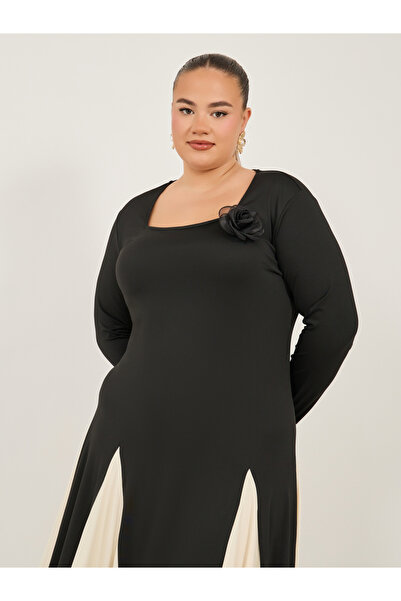 Styli Square Neck Color Block A-Line Maxi Dress