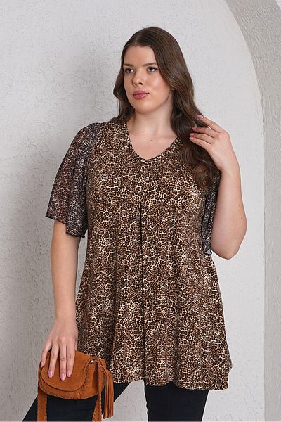Büyük Moda Leopard Patterned Sleeves Chiffon Bluz