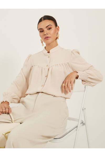 Styli Textured Band Collar Shirt with Smocked Cuffs