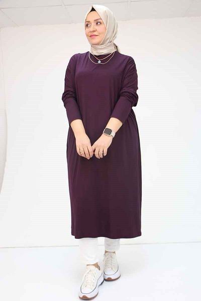 Eslina 28095 Large Size Low Sleeve Combed Cotton Long Tunic - Purple