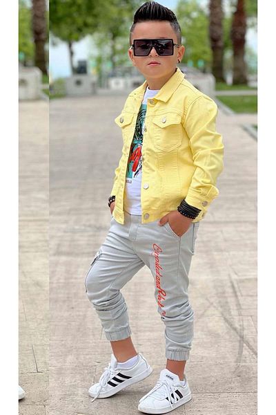 Riccotarz Boy's Tiger Detailed T-Shirt Back Printed Yellow Jean Jacket Cargo Pocket Bottom Top Set