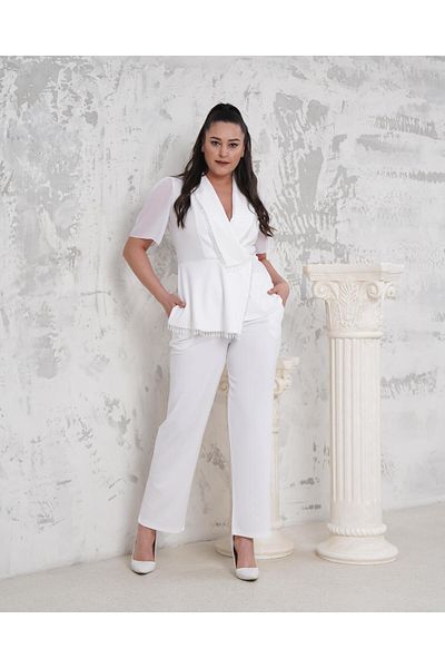 Butik Nilyam Set de pantaloni pentru femei, mărime mare, cu rever dublu, cu detaliu de piatră, din șifon, cu mâneci din șifon, 24727