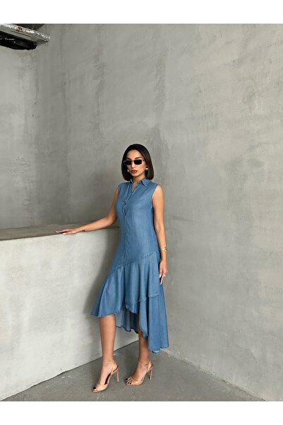 Miss Prova Πουκάμισο με γιακά με κουμπιά και λεπτομέρεια καλοκαιρινό τζιν φόρεμα MİSS933