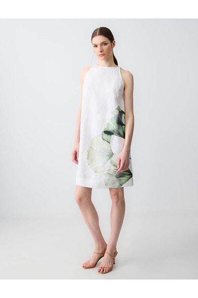 Jimmy Key White Relaxed Cut Halter Neck Floral Patterned Linen Mini Dress
