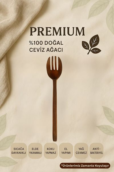 Ülgenev 1 Piece 30 cm Handmade Walnut Wood Kitchen Fork |   100% Natural Wooden Serving Utensils