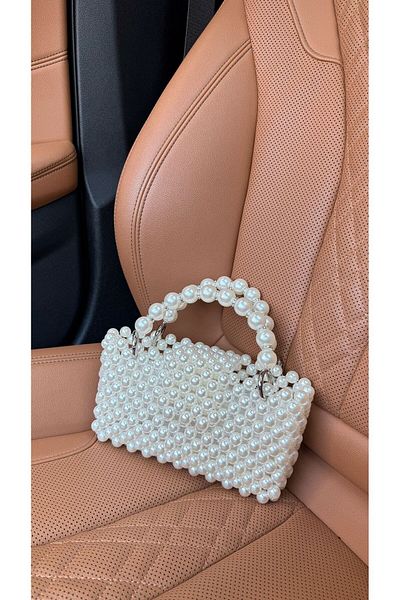 Çantacımstore Women's Pearl Evening Dress, Ecru with Bag and Door