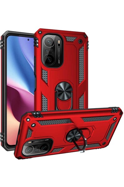tekno grup حافظة لهاتف Poco F3 مع غطاء فيجا مغناطيسي حلقي أحمر + واقي شاشة شبح