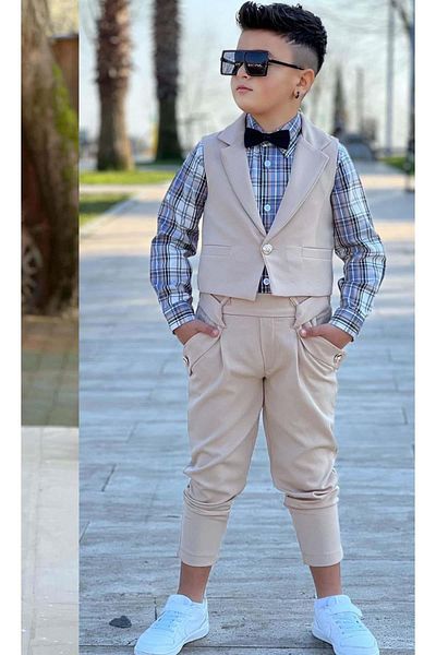 Riccotarz Boy's Silver Button Detailed Vest Bow Tie Plaid Striped Shirt Cream Bottom Top Set