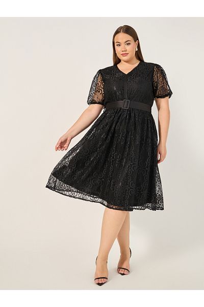 Styli Plus Size Lace Puff Sleeve Belted Midi Dress
