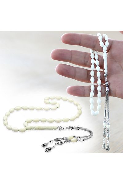 Tesbihane Anti-Tarnish Metal Rosary with Barley Cut - Tasseled, Ankle Length, Camel Bone