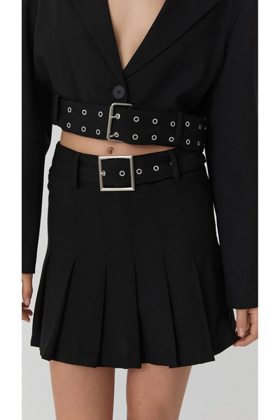 TUĞBALİ Kadın Metal Kemerli Pileli İç Astarı Şortlı Basic Mini Etek