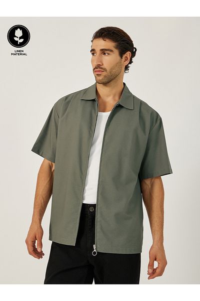 Styli Boxy Fit Linen Blend Zipped Shirt