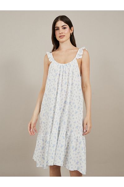 Styli Floral Print Ruffled Trim Cotton Slip Dress