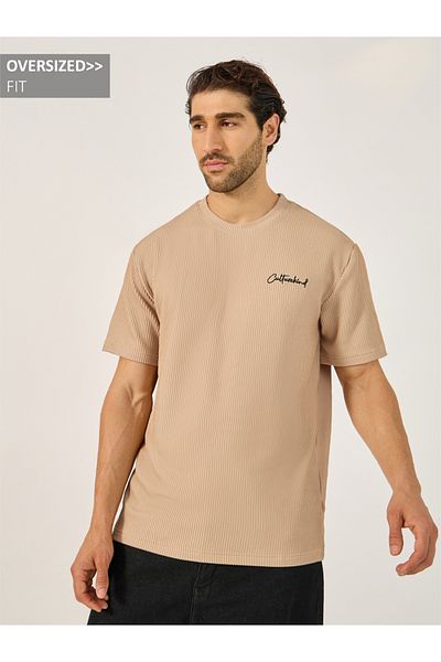 Styli Chevron Textured Oversized T-Shirt with Minimal Embroidery