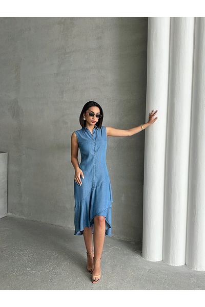 Miss Prova Πουκάμισο με γιακά με κουμπιά και λεπτομέρεια καλοκαιρινό τζιν φόρεμα MİSS933