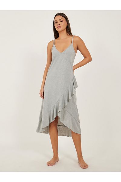 Styli Ruffled Hem Strappy V-Neck Slip Dress