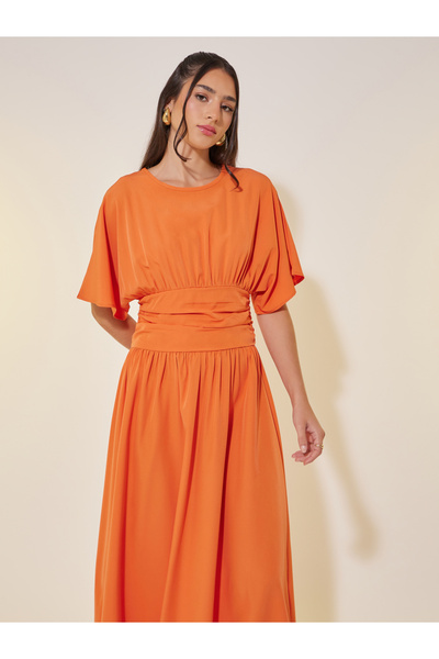 Take Two By Styli Solid Gathered Waist A-Line Midi Dress