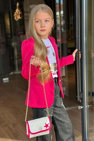 Riccotarz Girl's Printed T-Shirt Loose Cut Star Detailed Jean Pants Fuchsia Blazer Jacket Bottom Top Set