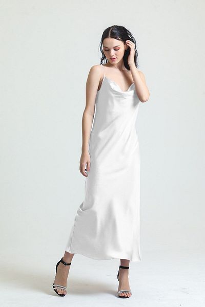 Magic Form Crape Satin Long Nightgown with Open Collar