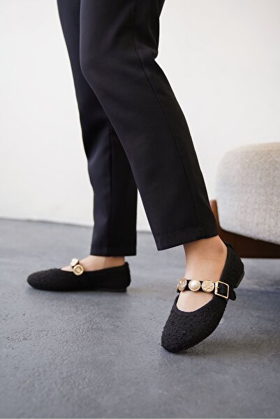 MODAADAM Women's Black Venily Sequined Flat Ballerina Shoes