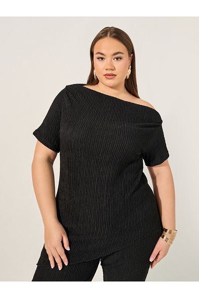 Styli Plus Size Textured Asymmetric Neck Top