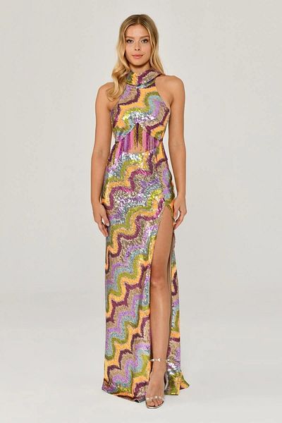 ALFABETA Alfa Beta Halter Neck Deep Slit Sequined Fabric Maxi Size Women's Evening Dress 2246418