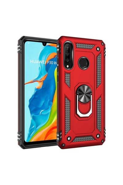 tekno grup حافظة P30 Lite مع حلقة مغناطيسية وغطاء فيجا أحمر + واقي شاشة زجاجي