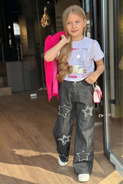 Riccotarz Girl's Printed T-Shirt Loose Cut Star Detailed Jean Pants Fuchsia Blazer Jacket Bottom Top Set