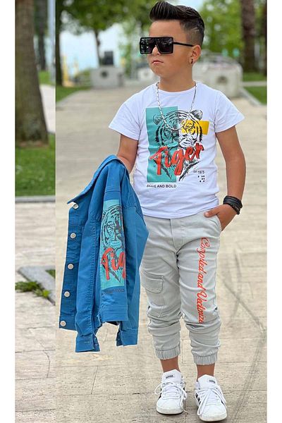 Riccotarz Tricou cu detalii Tigru pentru băiat, cu imprimeu pe spate, jachetă de jeans albastră, buzunar cargo, set de sus și de jos