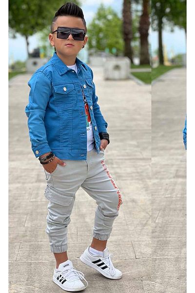 Riccotarz Tricou cu detalii Tigru pentru băiat, cu imprimeu pe spate, jachetă de jeans albastră, buzunar cargo, set de sus și de jos