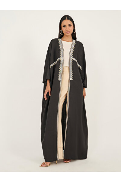 Styli Lace Trim Collarless Open Front Abaya