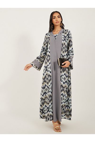 Styli All Over Print Flat Collared Panelled Jalabiya