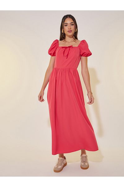 Styli Solid Square Neck Bow Detail Puff Sleeve Maxi Dress