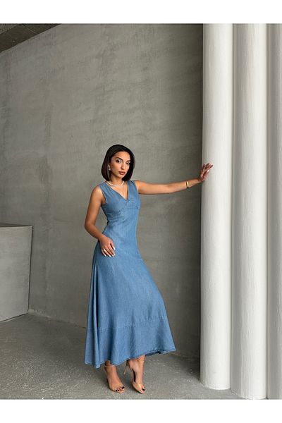 Miss Prova Rochie midi de vară din denim cu decolteu în V cu bretele MİSS934