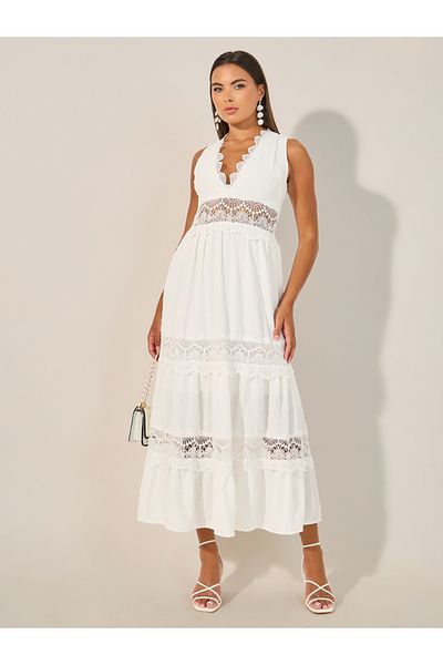 Styli Dobby Sleeveless Tiered Maxi Dress with Lace Detail