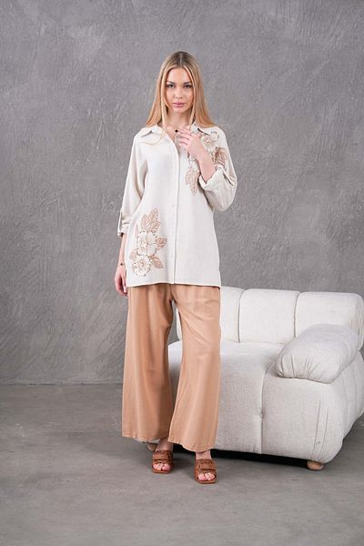 MVStore Women's Floral Patterned Embroidered Linen Shirt and Trousers
