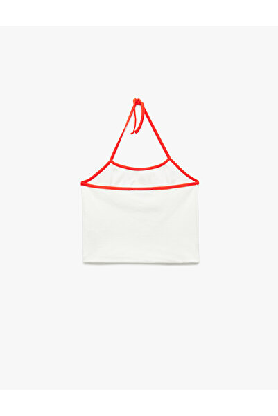 Koton Pamuklu Kolsuz Limon Baskılı Bağcıklı Crop Dar Kesim Halter Yaka Bluz