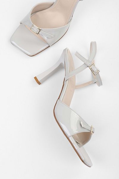 Shoeberry Women's Lucien Ice Gray Patent Leather Belt Buckle Heeled Shoes