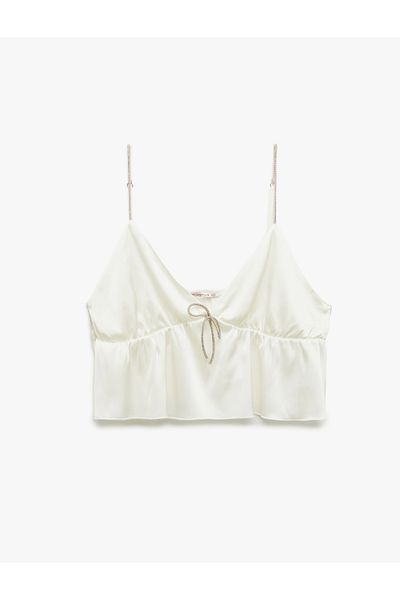 Koton V-Neck Strappy Bridal Satin Crop Pajama Top