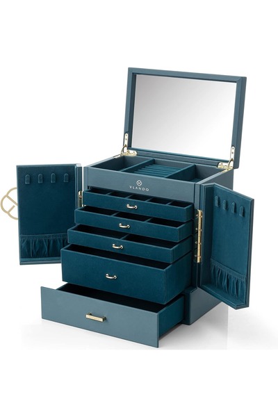 VLANDO 5 Katlı Takı Kutusu Ayna ve Çekmeceli Deri Takı Organizer Kadın Hediye
