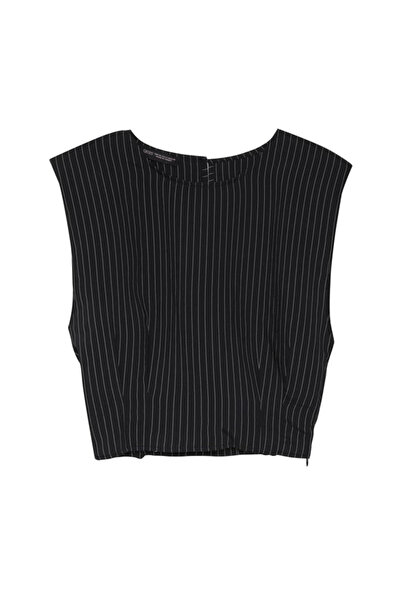 Quzu Pens Detaylı Vatkalı Bluz Siyah