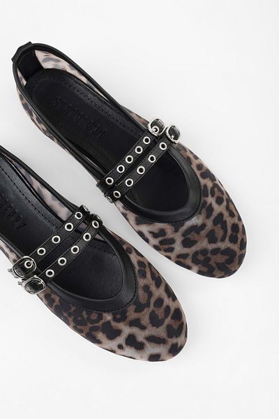 Shoeberry Women's Melu Leopard Tulle Double Buckle Ballerinas