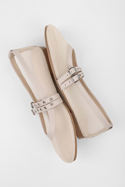 Shoeberry Women's Melu Ecru Tulle Double Buckle Ballerinas