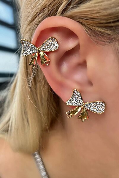 TakıDolabı أقراط مرصعة بالأحجار على شكل شريط ذهبي اللون (زوج)