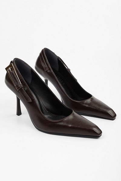 Shoeberry Women's Myra Bitter Brown Patent Leather Belt Buckle Stiletto