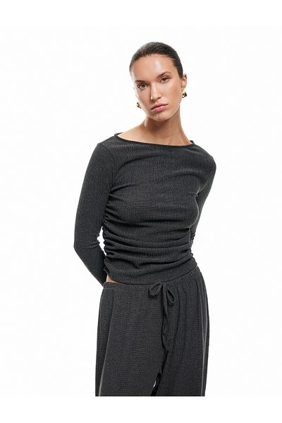 Koton Bürümcük Fabric Textured Draped Long Sleeve Crew Neck T-Shirt