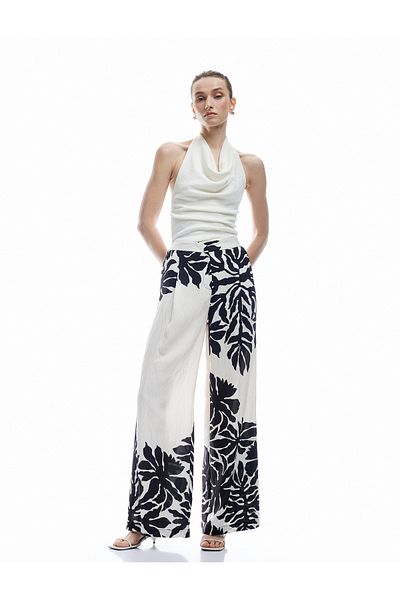 Koton Viscose Fabric Wide Leg Floral Palazzo Trousers with Pockets