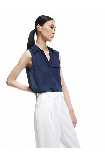 Koton Buttoned Applique Detailed Classic Collar Sleeveless Linen Blended Shirt