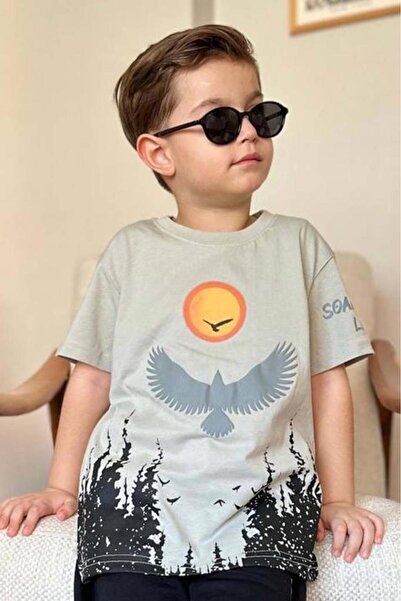 Riccotarz Boy's Tree and Sun Printed T-Shirt Text Detailed Beige Shorts Suit