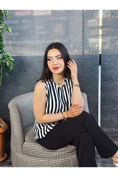 Kübra Tekstil Kadın Siyah Beyaz Dikey Çizgili Kolsuz Düğmeli Gömlek Bluz | Şık Ve Günlük Ofis Stili